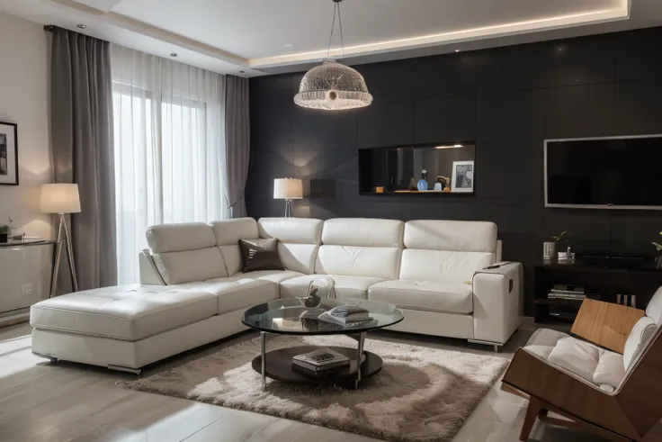 Vislumbre um ultramoderno, Double-use living room that optimizes space and integrates advanced technology. Features of the compact room, wall-mounted smart sofa that can be controlled through an app, elegante, Mesa flutuante com carregamento sem fio integr...