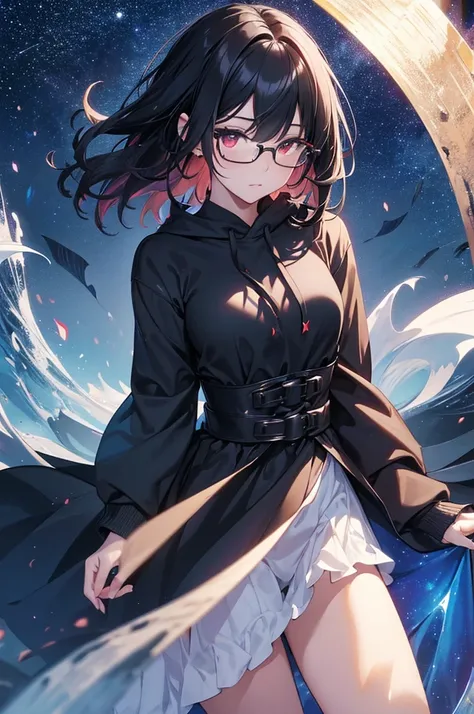 (best quality,4k,8k,highres,masterpiece:1.2),ultra-detailed,(realistic,photorealistic,photo-realistic:1.37),girl,black short hair,red eyes,glasses,star sky,alluring,night theme,hoodie,cosmic scenery,moonlit background,ethereal atmosphere,serene vibe,dreaml...