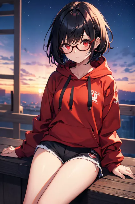 girl, black short hair, red eyes, glasses, star sky, alluring, night theme, hoodie