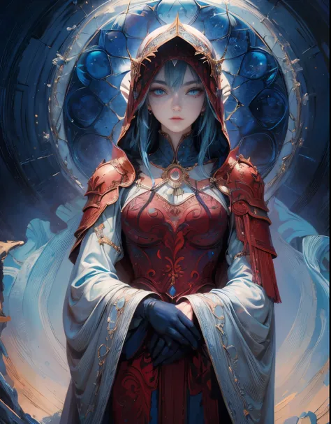 Masterpiece, simple, Blue hair, Cyan eyes, mantle, a perfect face, languid face, A Resolute Face, arrogance, Simple dress, Armor dress, closed simple dress, europe, crusade, higly detailed, Crystal eyes, high detail of face and hands