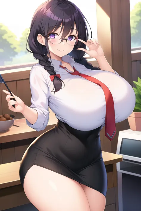 masterpiece, 1girl, huge breasts, black hair, braid, purple eyes, glasses, tie, looking at viewer, smile, stand