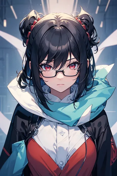 A girl with black short hair and red eyes is the main subject of the portrait. She is wearing glasses and a hoodie, which creates a casual and cozy atmosphere. The artwork should be of the highest quality, with ultra-detailed features and a realistic depic...