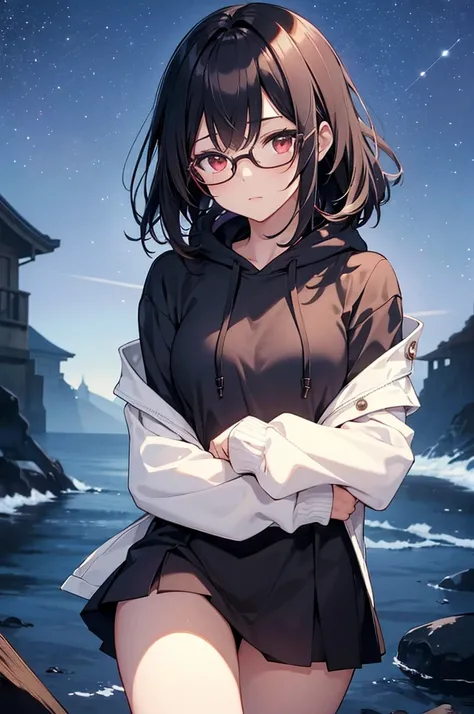 A girl with black short hair and red eyes is the main subject of the portrait. She is wearing glasses and a hoodie, which creates a casual and cozy atmosphere. The artwork should be of the highest quality, with ultra-detailed features and a realistic depic...