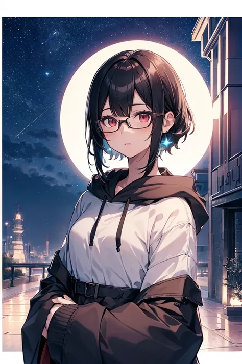 A girl with black short hair and red eyes is the main subject of the portrait. She is wearing glasses and a hoodie, which creates a casual and cozy atmosphere. The artwork should be of the highest quality, with ultra-detailed features and a realistic depic...