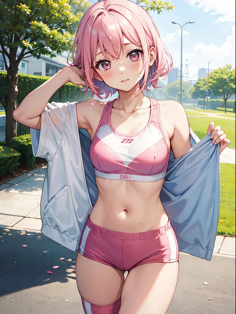 One girl、Pink hair、PastelColors、Cute、blush, tiny chest, Running, White Sports Bra, morning, Park, Sweat