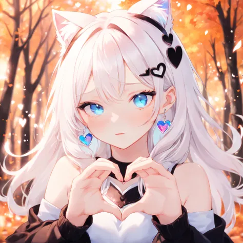 1 girl cat ears,heart shaped hands,velvet texture earrings，sweetheart,eblue eyes， long white hair，bshoulder, shairband, broken, ...