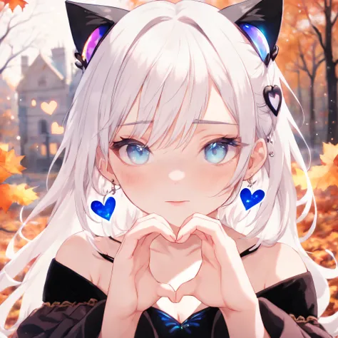 1 girl cat ears,heart shaped hands,velvet texture earrings，sweetheart,eblue eyes， long white hair，bshoulder, shairband, broken, ...