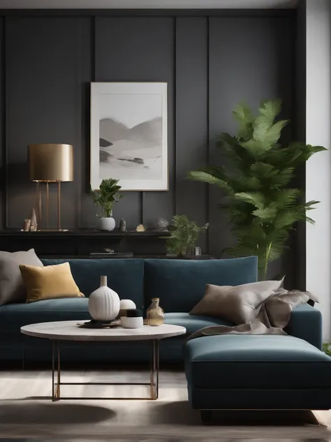 You are a famous interior designer，He was commissioned to create a 3D close-up image of a large modern study，bblurry， Create a harmonious environment with modern and minimalist furniture. Some houseplants are included，Make it look fresher.