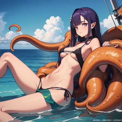 ((1 mulher pirata, peito nu, buceta molhada de porra)),((tentacles open and wrapped around its body, just a tentacle coming out of her eios enormes)),((seios eretos)),(( buceta com muitos pelos pubianos)),((purple tentacle hair)),((olhos verdes, sorrir)),(...