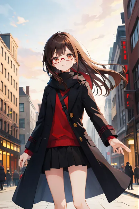 girl with,Black underwear,Brown hair,Amber eyes,length hair,Happy smile,top-quality,Cone,Black coat,a black skirt,Red glasses,Evening city,Winter clothes,