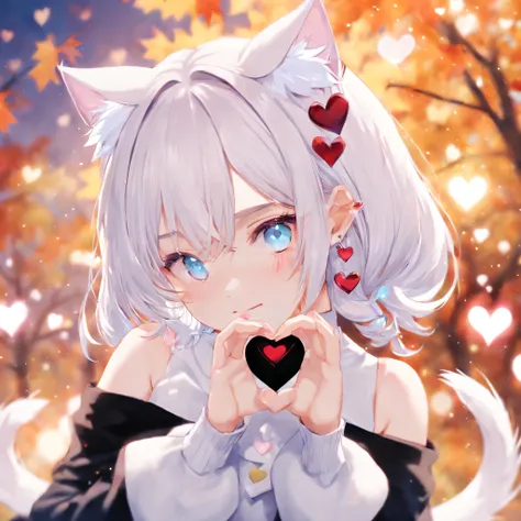 1 girl cat ears,heart shaped hands,velvet texture earrings，sweetheart,eblue eyes， long white hair，bshoulder, shairband, broken, ...