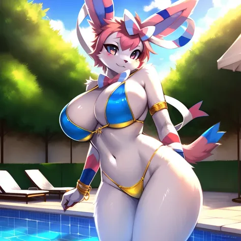 Uploaded to e621, (((by Zackary911, by kenkert, by Killina, by Zackary911))), (((sylveon)))，wears (((Gold wristbands and jewelry, and gold bikinis))), (Detailed Sylvan), (Vaporization details), (Detailed lighting),(Delicate fur), (detailed breast), (Delica...