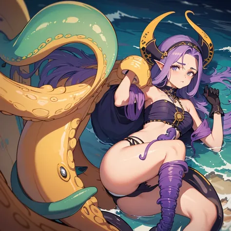 ((1 mulher pirata, peito nu, buceta molhada de porra)),((tentacles open and wrapped around its body, just a tentacle coming out of her eios enormes)),((seios eretos)),(( buceta com muitos pelos pubianos)),((purple tentacle hair)),((olhos verdes, sorrir)),(...