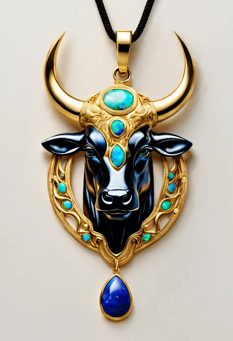 Item design, pendant design, Logo design， (A pendant design for Taurus), （Set double opal）, Black gold border, lapis lazuli，turquesa，black shell，Taurus symbol, （Golden abstract little calf head） Van Cleef & Arpels & alpes , cartier, Background with: The wh...