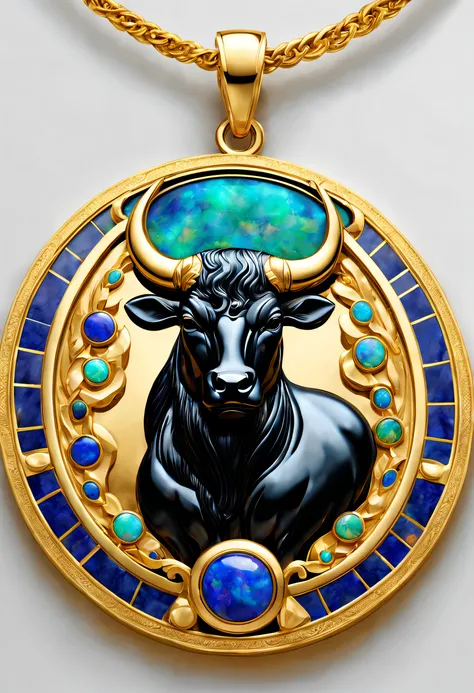 Item design, pendant design, Logo design， (A pendant design for Taurus), （Set double opal）, Black gold border, lapis lazuli，turquesa，black shell，Taurus symbol, （Golden abstract little calf head） Van Cleef & Arpels & alpes , cartier, Background with: The wh...