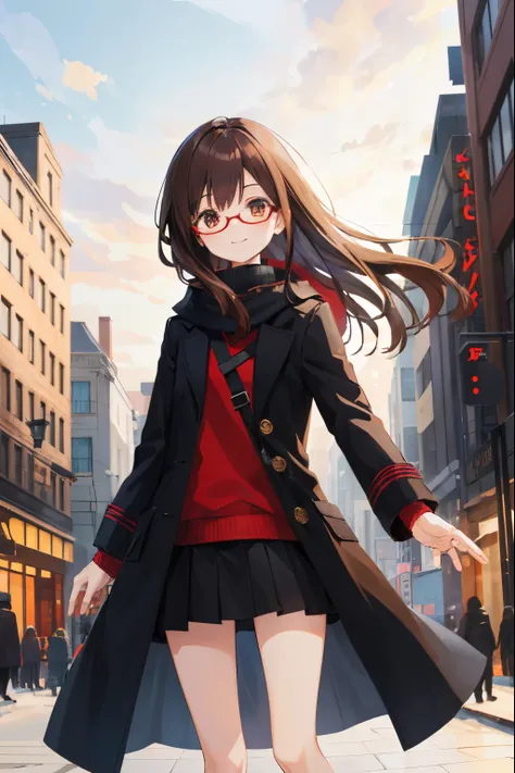 girl with,Black underwear,Brown hair,Amber eyes,length hair,Happy smile,top-quality,Cone,Black coat,a black skirt,Red glasses,Night city,Winter clothes,