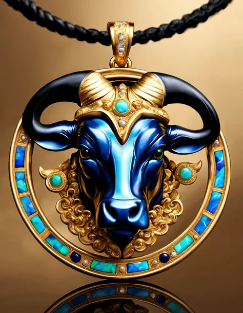 Item design, pendant design, Logo design， (A pendant design for Taurus), （Set double opal）, Black gold border, lapis lazuli，turquesa，black shell，Taurus symbol, Golden cute little calf head， Van Cleef & Arpels & alpes , cartier, Background with: The white,T...