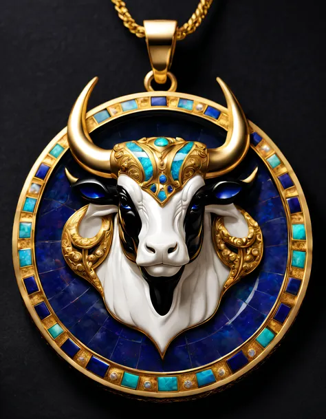 Item design, pendant design, Logo design， (A pendant design for Taurus), （Set double opal）, Black gold border, lapis lazuli，turquesa，black shell，Taurus symbol, Golden cute little calf head， Van Cleef & Arpels & alpes , cartier, Background with: The white,T...