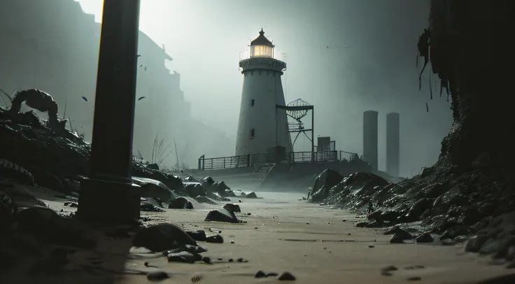 ((gloomy biopunk atmosphere)), (dark meat lighthouse), dark gray worms look at the lighthouse, gloomy cold lighting, lots of grey sand, (scorn videogame style), horror atmosphere, (presence of something terrible), highly detailed biopunk background, backgr...