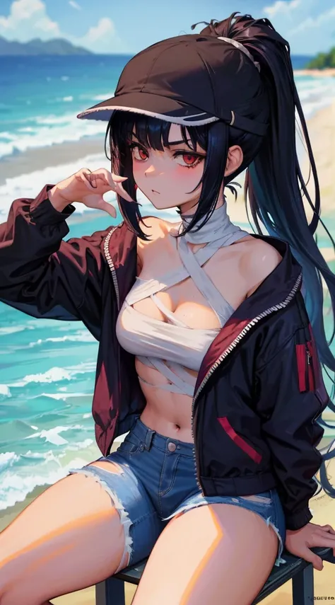 1 girl, black hair, red eyes, wearing a jacket, sexy, beach, short jeans, detailed face, detailed clothes, beautiful, ponytail, sitting on the sand, sexy pose