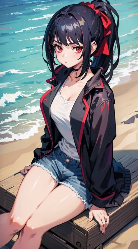 1 girl, black hair, red eyes, wearing a jacket, sexy, beach, short jeans, detailed face, detailed clothes, beautiful, ponytail, ...