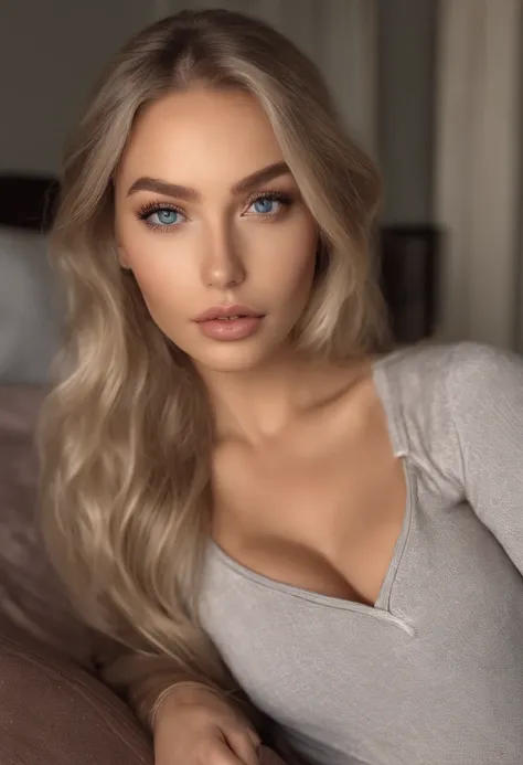 arafed woman fully , sexy girl with blue eyes, ultra realistic, meticulously detailed, portrait sophie mudd, blonde hair and large eyes, selfie of a young woman, bedroom eyes, violet myers, without makeup, natural makeup, looking directly at the camera, fa...