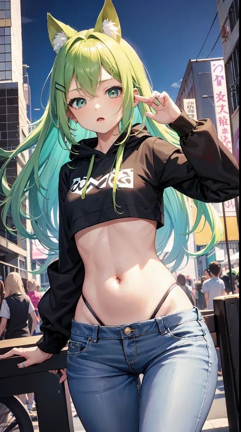 10 year old, 1girl, young girl, anime style, skinny body, Anime young girl wearing crop top black hoodie, skinny jeans pants, blue long hair with hair-clip, green eyes colour, pose picture of her cute pose, straight on street of towers, anime art wallpaper...