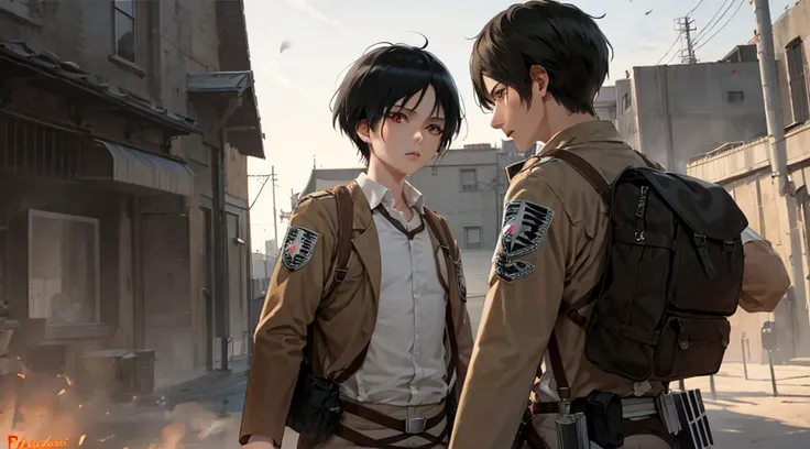 attack on titan male black hair　center parted red eyes