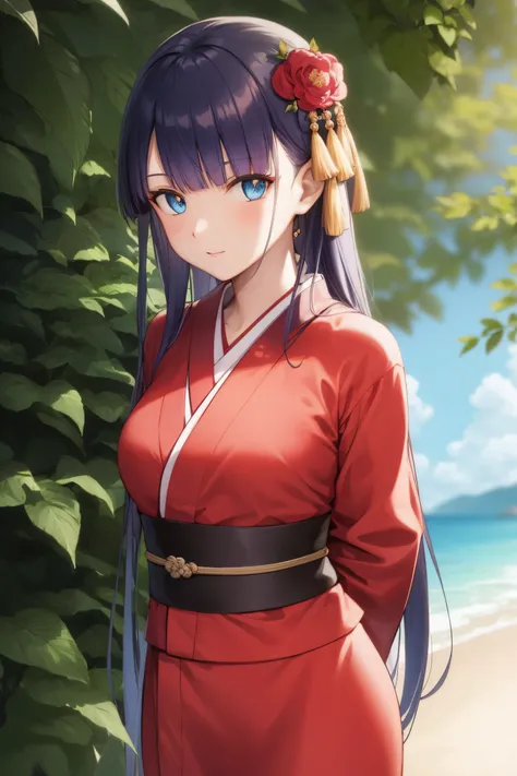 fgomartha, martha, blue eyes, blunt bangs, purple hair, straight hair, long hair,
BREAK japanese clothes, kimono, sash, obi, red kimono, black kimono,
BREAK looking at viewer,standing, leaning forward, (arms behind back:1.2),
BREAK outdoors, beach,
BREAK (...