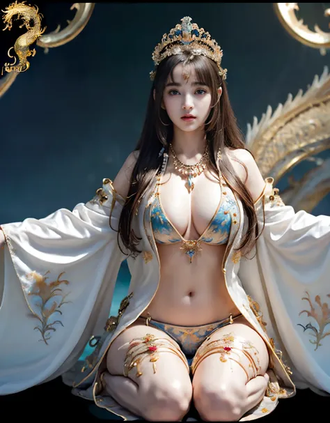 top-quality、​masterpiece、超A high resolution、（White Dragon Armor）、(((Colossal tits))),(((Variety of hairstyles))、(((Take different poses))),(Wearing a beautiful crown made of jewels),(Photorealsitic:1.4)、Raw photo、女の子1人、Golden hair、glowy skin、(((Japan Drago...