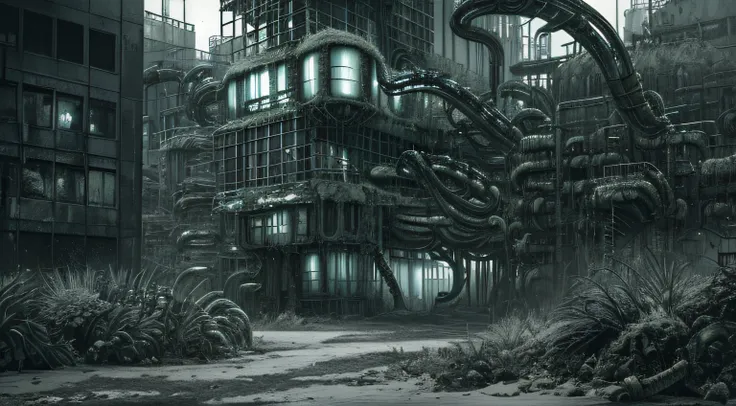 ((gloomy biopunk atmosphere)), ((biopunk tentacle factory building)), dark gray worms, gloomy cold lighting, grey wasteland, lots of grey sand, (scorn videogame style), horror atmosphere, (presence of something terrible), highly detailed biopunk background...