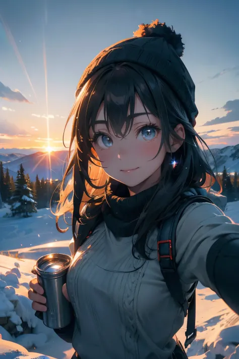 (Upper body selfie:1.3),Winter climbing,With a superb view from the summit in the background,Beautiful sunrise,Remove the beam from above,Backlighting,Generate images of beautiful women around the world,Especially while reflecting elements of Western beaut...