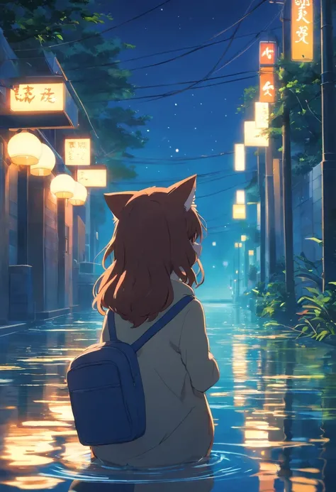 tmasterpiece，best qualtiy，cinematic Film still from，1girl，ln the forest，Fireflies floating in the air，closeup cleavage，Halo，cheerfulness，Warm and soft lighting，the night，（spark of light：0.7）pond side，Staring at the cat，with curly brown hair