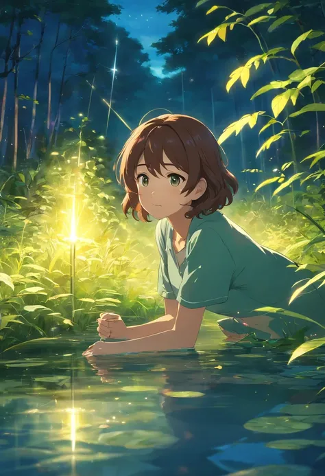 tmasterpiece，best qualtiy，cinematic Film still from，1girl，ln the forest，Fireflies floating in the air，closeup cleavage，Halo，cheerfulness，Warm and soft lighting，the night，（spark of light：0.7）pond side，Staring at the cat，with curly brown hair