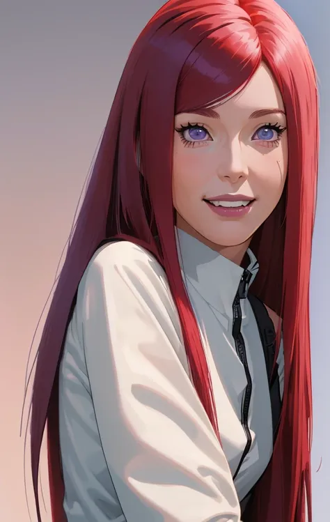 a girl with long blue hair and a gray shirt, kushina from naruto, she has red hair with blunt bangs, realistic, with long dark h...