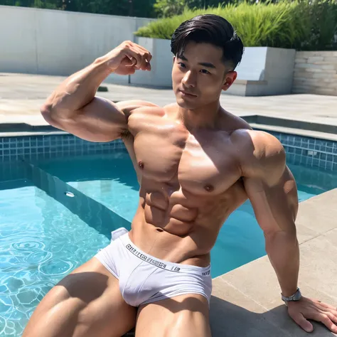 korean man, Solo, bodybuilder, big muscle, short hair, view the viewer, Mature male, taned skin, Bulge, detailed bulge, Thick thighs, white underwear, Wet, Wet clothing, Wet bulge, pool, topless, muscular pose, Masterpiece, Best quality