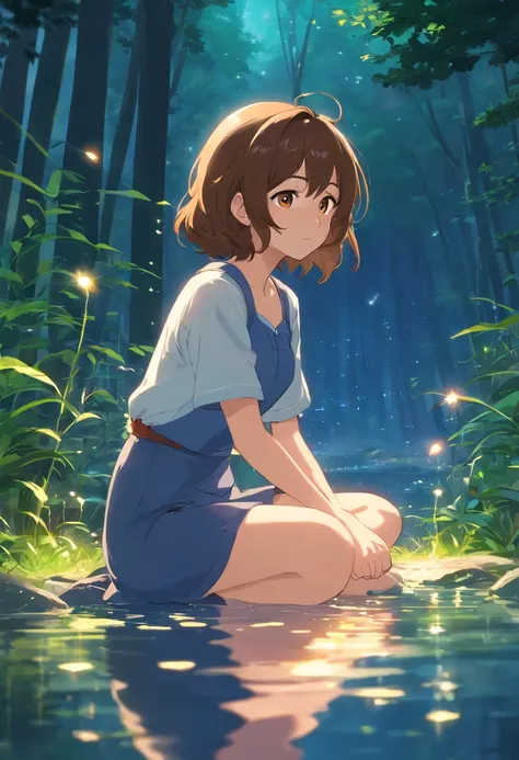 tmasterpiece，best qualtiy，cinematic Film still from，1girl，ln the forest，Fireflies floating in the air，closeup cleavage，Halo，cheerfulness，Warm and soft lighting，the night，（spark of light：0.7）sitting at a pond，Staring at the cat，long brown curly hair，is shy