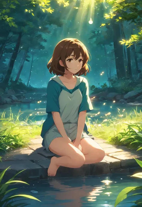 tmasterpiece，best qualtiy，cinematic Film still from，1girl，ln the forest，Fireflies floating in the air，closeup cleavage，Halo，cheerfulness，Warm and soft lighting，the night，（spark of light：0.7）sitting at a pond，Staring at the cat，long brown curly hair，is shy