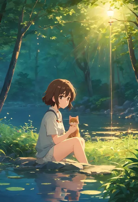 tmasterpiece，best qualtiy，cinematic Film still from，1girl，ln the forest，Fireflies floating in the air，closeup cleavage，Halo，cheerfulness，Warm and soft lighting，the night，（spark of light：0.7）sitting at a pond，Staring at the cat，long brown curly hair，is shy