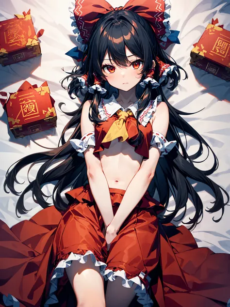 God quality, anime moe artstyle,best anime 8k konachan wallpaper,badass anime 8k,perfect anatomy, (Please draw Reimu Hakurei with flat chest from Touhou Project.:1.2) ,Sleeping and waking up photos。break,ultra-detailed,high resolution,super detailed skin, ...