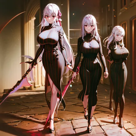 Anime girl walking through a medieval town and carrying a scythe. good eyes, good hands, good nose, good face, Full HD 4K, white hair, red eyes. good hands, good eyes, red eyes. no bad hands, no bad eyes. Three girls walking together. good hands, good fing...