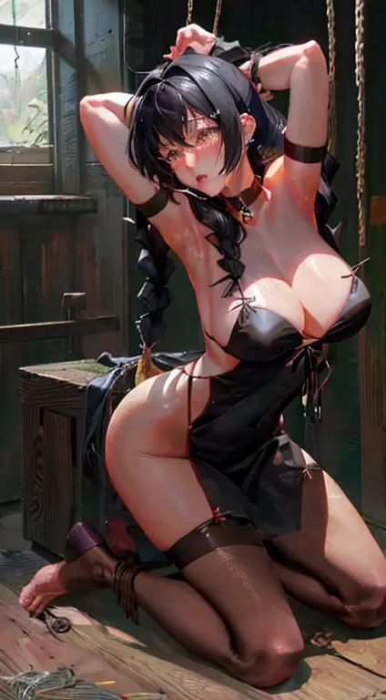 hanekawa tsubasa、eye glass、Braids、A dark-haired、large boob、fullnude、 (Black hair, Brown eyes, Round face), Colossal tits, With ribbon, (nose blush, Naughty, half opened eye, Drooling),On the bed in the infirmary, [Full body shot]、BDSM、Plenty of love juice、...