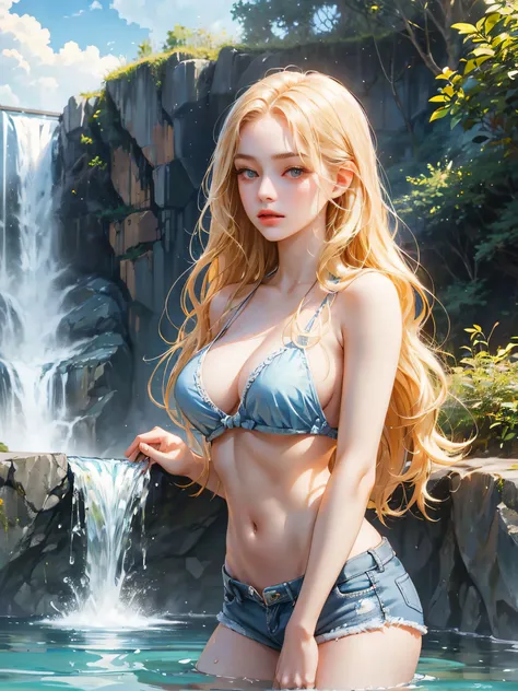 A girl, long blonde hair, wavy hair, no bangs, grey eyes. She wears sky blue bikini, denim shorts, beautiful girl, detailed eyes, detailed face, detailed hands, she looks at the viewer. She is inside water. Background waterfalls