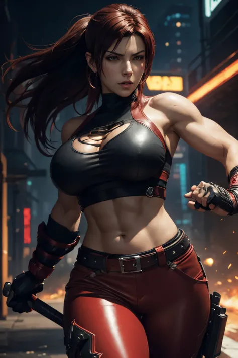 8K,Araphed woman wearing red and black chest armor in a fighting pose, brown mohawk hair,Muscular and muscular slender body type,Split abdominal muscles,Muscular armor,very large breast,Tifa Lockhart, black and red leather pants,seductive tifa lockhart por...