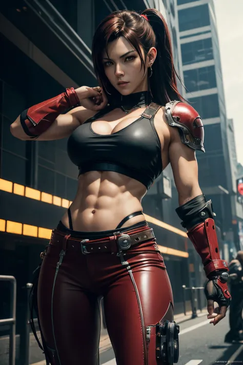 8K,Araphed woman wearing red and black chest armor in a fighting pose, brown mohawk hair,Muscular and muscular slender body type,Split abdominal muscles,Muscular armor,very large breast,Tifa Lockhart, black and red leather pants,seductive tifa lockhart por...