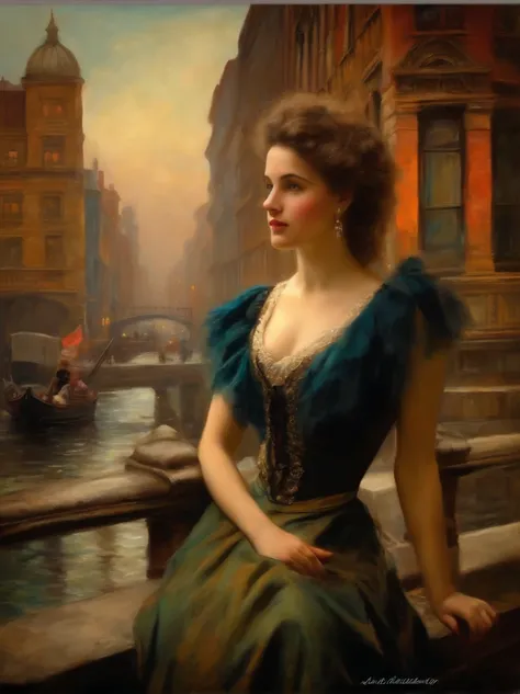 1900s cityscape in turner style ,victorian painting , beautiful girl