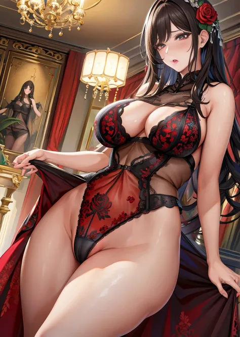 (​masterpiece:1.2), (top-quality:1.2), perfect  eyes, face perfect, volume illumination, １man, an lingerie,  black brown hair color，red blush, perspiring,, Colossal tits，see-through langerie,Front view with legs spread， , livingroom，Colorful rose pattern e...