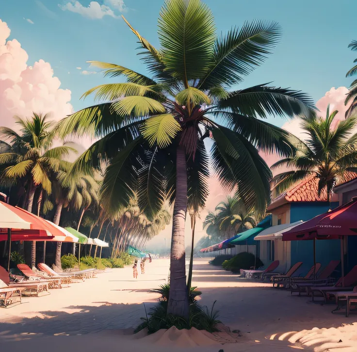 ((Best quality)), ((masterpiece)), (highly detailed:1.3),palm tree on a pink and blue background, tropical trees, tropical palms, palm trees, palm trees on the beach, coconut trees, palm trees in the background, tropical atmosphere,hyperrealistic,hyperreal...