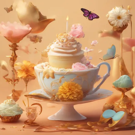 projected inset, Rococo style, hyper HD, masutepiece, ccurate, Super Detail, high details, awardwinning, High quality, 8K
（Close up of royal premium tea cup and whipped cream cake），（scoop，fresh flowers，butterflys，Chocolate）（Perfect integration：1.37），Surrea...