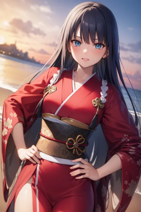 fgomartha, martha, blue eyes, blunt bangs, purple hair, straight hair, long hair,
BREAK japanese clothes, kimono, sash, obi, red kimono, black kimono,
BREAK looking at viewer,standing, pose, hand on hip,
BREAK outdoors, beach,
BREAK (masterpiece:1.2), best...